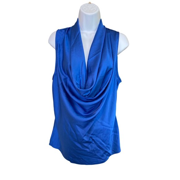 Boston Proper Sleeveless Top M Blue Cowl Neck Draped Blouse Chic Career Wear - Picture 2 of 9